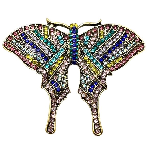 Womens Butterfly Brooch Pin Multicolor Crystal Gold Tone Statement Vintage Style - Picture 1 of 4